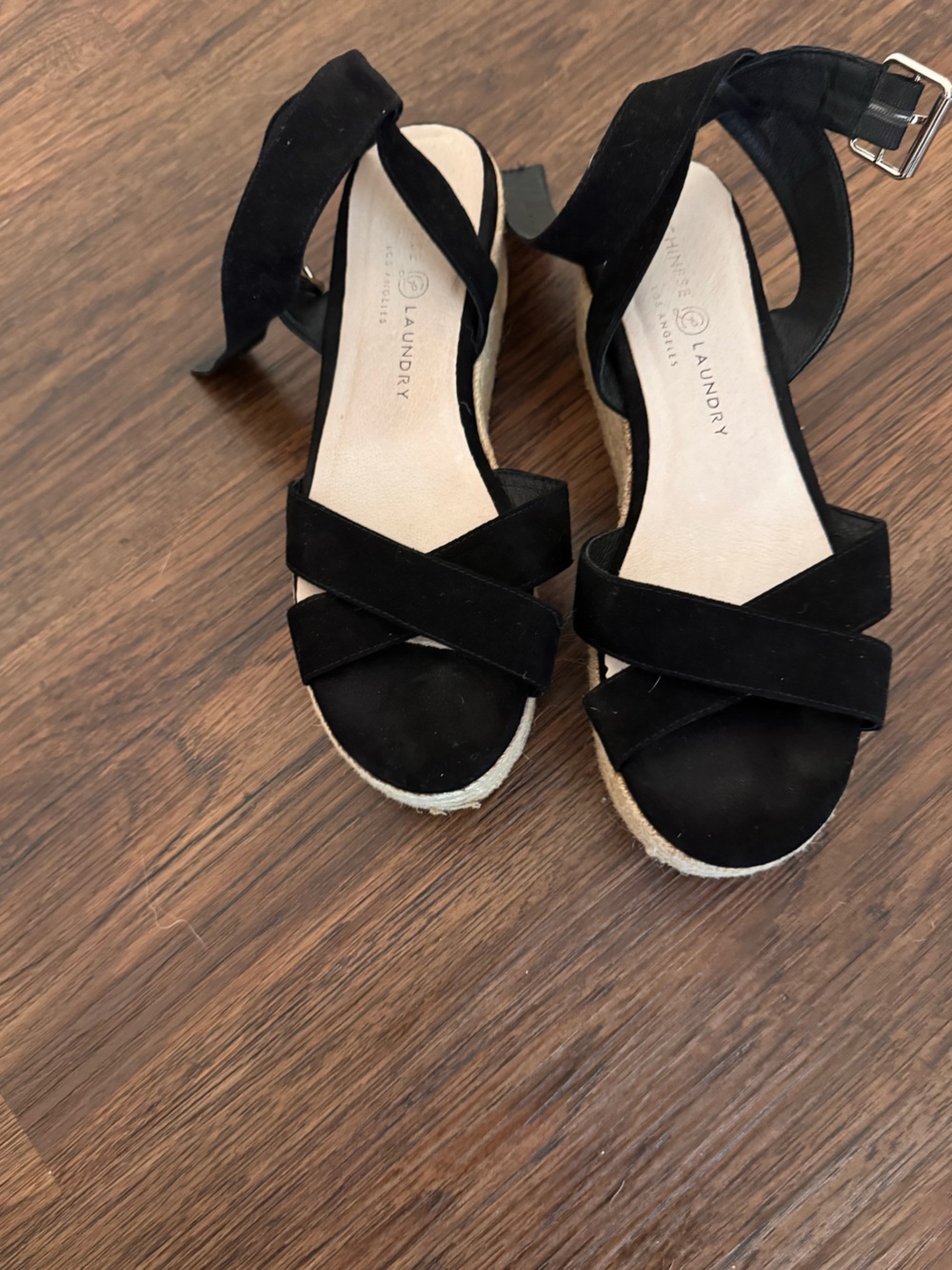 Chines Laundry  Black Suede Crisscross Espadrille Sandals